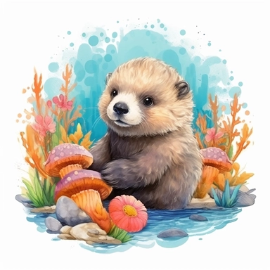 Baby Sweet Sea Otter, Engaging in a friendly game of tag, darting in and out of colorful coral formations , clipart for nursuring, animated, white transparent background