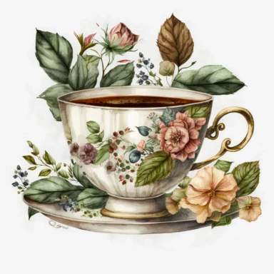 Vintage old school floral tea cup, watercolour clipart, with tea food