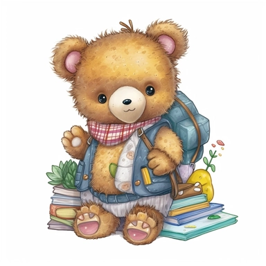 super-cute knitted baby bear with backpack and student book, knitted style, Perfect for nursery art and children's book illustration style, simple, cute, full color, clipart, watercolor illustration, single object, high definition 8k, white background for removing background