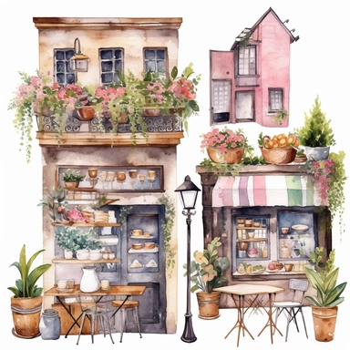Watercolor spring coffee shop clipart -20 High Quality cafe PNG clipart, Collage spring cafe illustration - - v5.1