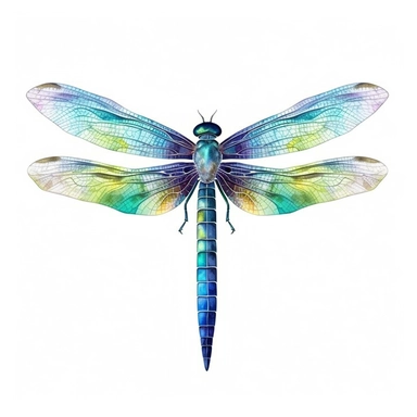 a beautiful ethereal dragonfly, clipart, blue cyan green purple pale yellow, clipart, hd, centered, white background, image only