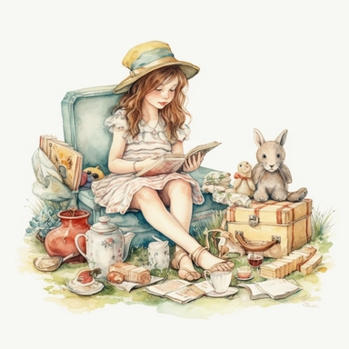 watercolor, hyper realistic, white background, white margins, 16k, ultra detailed clipart, cut out image, hand-drawn, whimsical a vintage child (40s) sitting on a vintage picnic blanket, enjoying a tea party with stuffed animals and a doll. Soft and muted tones, such as dusty rose, sage green, and pale yellow. Ultra HD, sharp line