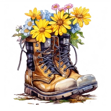 honeybee and Bumblebee, Bumblebee, Bumblebee, flower bouquet in an old dirty work boots, highly detailed, acrylic paint, 16k, realistic, isolated on a white background, clipart