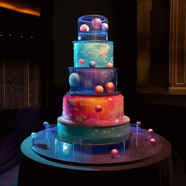 Interactive water cake, 5-tier, spherical design, each tier representing a celestial body in the couple's unique layer, hand-painted with edible luminescent colors, creating an ethereal glow in dim lighting, a motorized, food-safe mechanism enabling the tiers to rotate slowly, decorated with sugar constellations depicting the couple's love story, an embedded touchscreen interface allowing guests to explore the cake's design, and a built-in, synchronized light and sound show that activates when t
