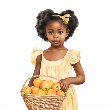 hyperrealism clipart , little black girl wearing a yellow dress holding a basket of peaches , white background, watercolor style, farmhouse chic, tempera clipart