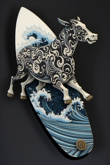 a painting of a standing cartoon Black and white jersey-cow riding kanagawa wave on a longboard surfboard, behance contest winner, psychedelic art, paisley, beautiful waves in sea, james jean and clyde caldwell, clipart, hi - fructose art magazine, katherine lam, artgram, marc newsom, sovietwave,