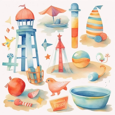 Create a collection of delightful watercolor-style kids beach toys illustrations with a vector-based design, featuring simple, clean lines. These charming clipart images should be suitable for use in an Etsy store, appealing to customers looking for a whimsical, hand-painted aesthetic for their projects