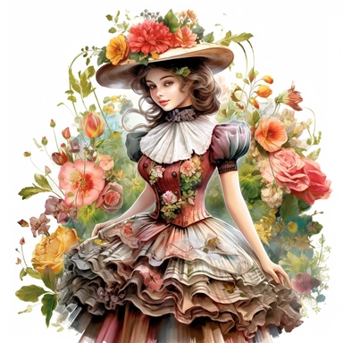 Fairytale Style beautiful realistic victorian styled dressed girl in the flowerland with watercolor effect,flowerland scene,flowers,fantasy style,realistic features,vibrant colors,suitable for digital clipart,white background Clipart ,Cartoon,hyper realistic, intricate detail, illustration style,high solution,on the white background