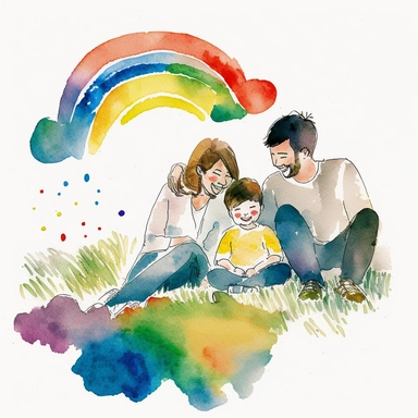 watercolor clipart, minimalist, isolated with white background, Happy Asian family mom, and dad smiling , and a child laughing sitting on the grass , primary color is yellow, blue and red, bright atmosphere, flat illustration, story telling, James jean, simple lines ,high resolution paper-cut styles , church with a cross on top backgrounds