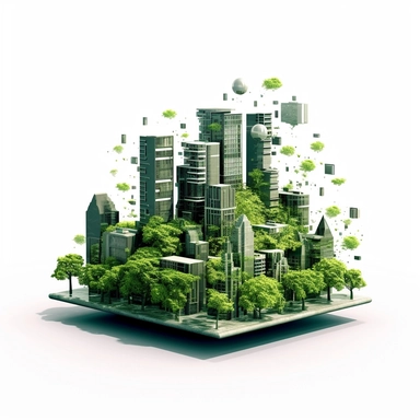clipart of common future between nature and technology, smart city, minimalistic, 3d, white background