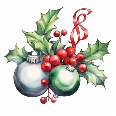 Holly and Baubles Christmas style by Lucy Fleming, watercolor, smooth gradients, black contour outline, ultra detailed, clipart elements, delicate pastel colors, solid white background, super clear, high quality