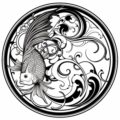 Left aligned, bottom aligned, quarter of a circle, art nouveau style, fish, black lines, detailed, flat design, white background, clipart style, black and white,