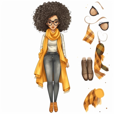 pretty African American girl water color character clipart, cute girl wearing modern style clothing realistic digital art, white background, clean crisp outline s1000