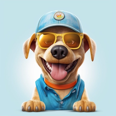 a funny smiling dog wearing sunglasses, ball cap, summer image, full body image, pixar style, clipart
