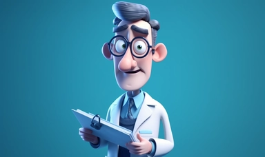 3d render. Doctor cartoon character with stethoscope and clipboard, looks at camera and gives advice, Clip art isolated on blue background, Professional consultation and recommendation