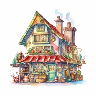 watercolor style, Santa's workshop: A depiction of Santa's magical workshop, bustling with elves, toys, and gift preparations. Clipart, isolated on white background, 4K