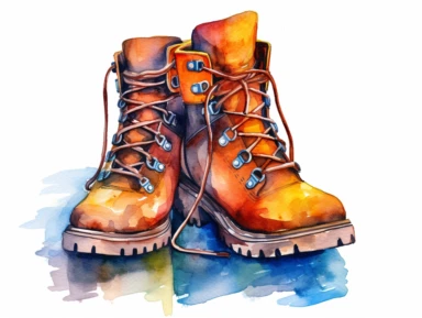 Watercolor clip art on white background, hiking boot, Clipart, high-resolution image with vibrant and true-to-life colors, isolated