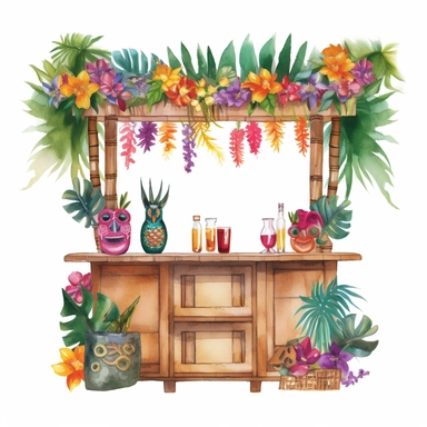 Create a watercolor tiki bar clipart adorned with vibrant tropical flowers and lush foliage, with colorful drinks displayed on the counter on a white background. This festive design can be used to embellish various clipart elements or as a standalone element for party or beach-themed projects.