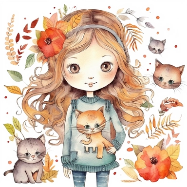 watercolour clipart of a girl the delicate and determined soul, has a deep affection for cats. She meticulously crafts digital designer papers and breathes life into digital journaling pages. Her finesse and devotion to her work are truly extraordinary. Her art is a testament to her unwavering pursuit of beauty and excellence, make her smiling, exalted mood, white background, 8k, f1