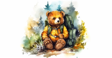 Adorable teddy bear on adventure, camping gear, forest, clipart, vivid colours, ornamental watercolor, white background, I can’t believe how beautiful this is