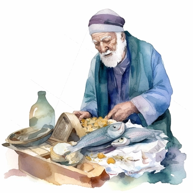 an old man selling fish in the market, ancient egipht, clipart, watercolor, no lettering, no image noise, white background
