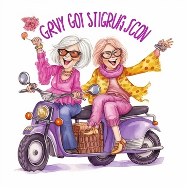happy, funny, crazy old ladies with long gray hair clipart, line art style, driving on motorcycle to sewing store, loves fabric and threads, colorful outfits, vibrant colors, laughing load, looking happy with threads