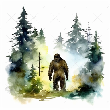 Bigfoot in a forest clipart watercolor, white background