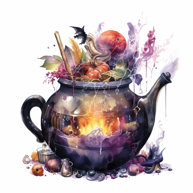 dark arcadia witches couldron sat ontop of burning logs, big mixing spoon to mix the bubbling potion, smoke, bubbles, sparkles, frogs, bones, fingers, bats, plants, clip art, watercolor, magic, fantasy, roses, glowing details, crystal ball