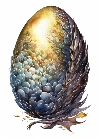 mystical and magical watercolor majestical dark and golden metallic dragon egg, full body, clipart,highly detailed, hd, on white background, spaced out