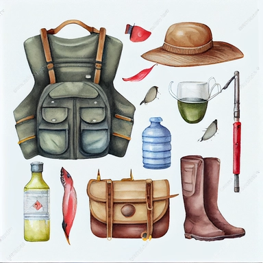Collection of elements for fishing. Tackle box, vest, hat, bag, rubber boots, folding chair, fish, flashlight, bait. Vintage fly fishing equipment watercolor illustration set of elements, watercolor Illustration clipart, 4K, extremely detailed