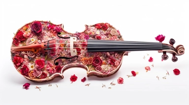 A visually stunning violin crafted entirely out of intricately arranged roses, each petal meticulously placed to form the shape of the instrument, vibrant red, pink, and white roses intermingling to create a harmonious composition, a soft and blurred background that accentuates the floral masterpiece, Clipart, with a mix of hand-drawn and digital elements,