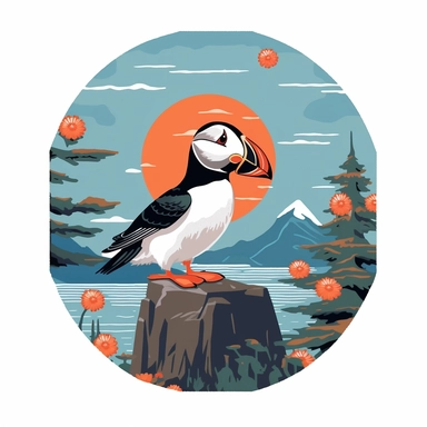Depicting an Atlantic puffin enjoying a maple syrup-themed picnic. The design should combine the puffin's charm with Canadian culinary traditions. The artwork can feature the puffin holding a pancake and a bottle of maple syrup, with a cheerful expression on its face.r, that can be used as a sticker, colorful, highly detailed, white background, style of pixar clipart, white background,--no cut off edges