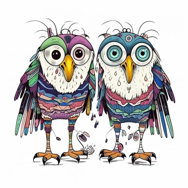 Funny colorful cartoon two eagles air battles like a pompon clipart with big beautiful eyes and long beautiful legs, distinct fine details, watercolor technique, black contour lines