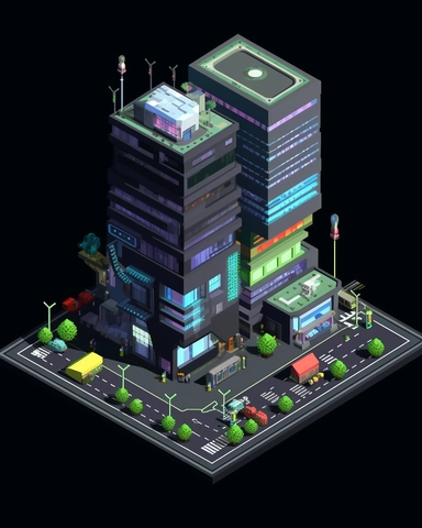 isometric clean pixel art image, game sprite, futuristic random public building concept, gaming asset, sci-fi, fun, creative, cartoon, clipart, hyper-detailed, black background,