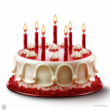 Design a clipart image of a symmetrically frosted red velvet cake with small-sized thin candles white candles. Depict a velvety red-colored cake with immaculate cream cheese frosting, featuring a symmetric candle arrangement of small-sized candles that adds a touch of elegance to the celebration.