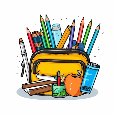 Clipart of a pencil case with pencils, pens, and erasers, Hand Drawn Back To School Clip Art, white background