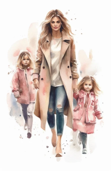 DESIGN A MAGNIFICENT AND EXQUISITE BREATHTAKING ONE-OF-A-KIND HIGH QUALITY HIGHLY DETAILED MASTERPIECE WATERCOLOR CLIPART ILLUSTRATION OF A STUNNING woman walks with two little children holding back the man's hands, in the style of realistic hyper-detailed portraits, fashion illustrations, ashcan school, aquarellist, anime art, beautiful women, warm tones, ULTRA REALISTIC, WHITE BACKGROUND