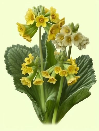 Isometric Sticker Clip Art of Primula Veris bunch of Cowslip Flowers, long blossoms, realistic features, children friendly, illustrated in a playful and realistic style, perfect for any special occasion, cut out in the shape of a Cowslip Flower, with no visible background, giving it the appearance of a sticker, conveying a mystical and whimsical mood, edited with Adobe Photoshop to adjust brightness and contrast, rendered as a transparent PNG file with a high resolution to ensure a crisp and cle