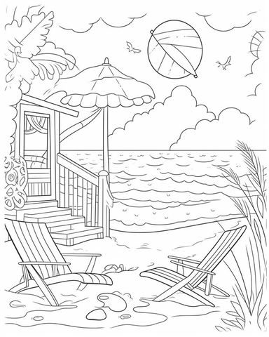 Adult Coloring Book Featuring Fun and Relaxing Beach Vacation Scenes, Peaceful Ocean Landscapes and Beautiful Summer Designs, coloring page line art, black and white clipart for a kids coloring page, simple and clean line art, illustration style,