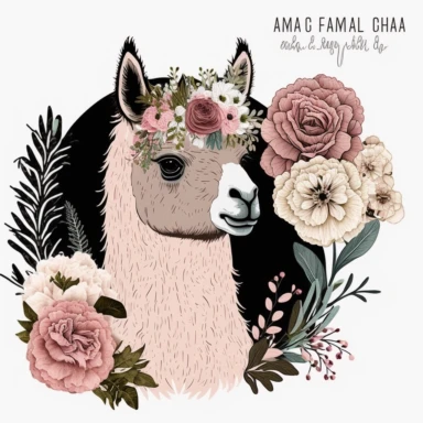 cute Llama head Sublimation Clipart design with floral, without text, PNG file, dark pink Llama