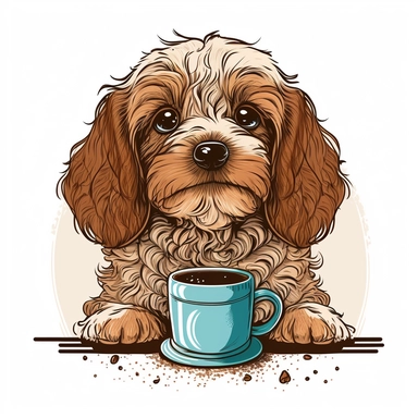 a happy long eared cavapoo dog with a cup of coffee, vector art logo, clipart, cartoonistic with clean lines, white background