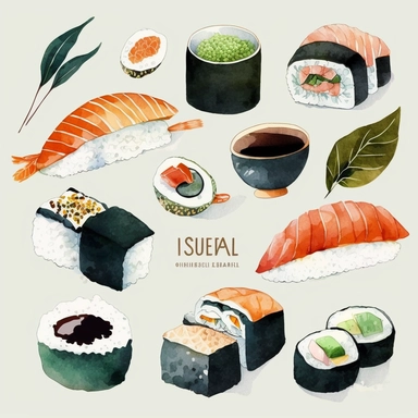 High Detail clipart of sushi, no sauce, no lines, no outlines, clipart, featured on dribble, japanese Dinner clipart, minimalist, computer vector graphic design clip art, watercolor illustration clipart, watercolour clipart, PNG transparent background