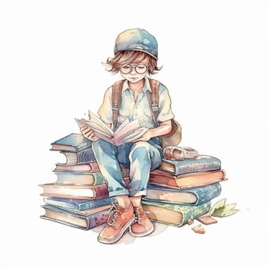 beautiful watercolor clipart of young child reading books, fun pastel hues, compositions on an isolated white background. Bright illustration, highly detailed