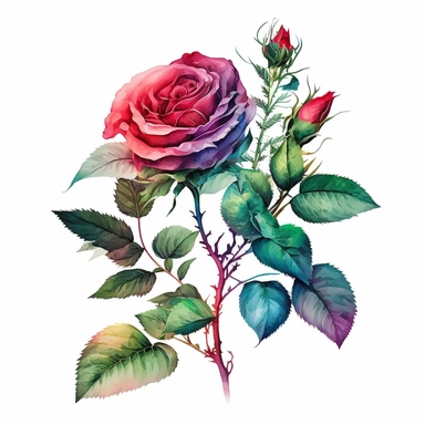 rose plant in watercolor style, white background, clipart, vibrant colors