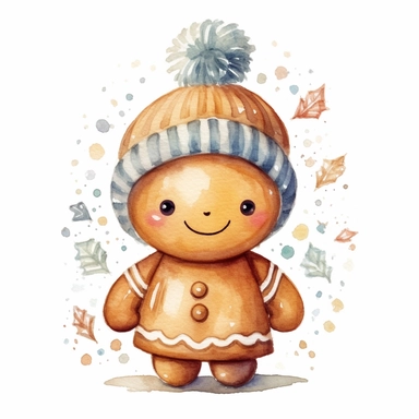 a cute watercolour gingerbread with an happy face and a christmas beanie on drawed in soft colours aquarell cartoon clip art