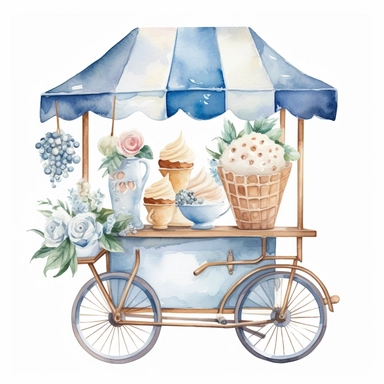Watercolor wedding icecream blue stand, wedding clipart, simple, soft colors, cartoon elements, watercolor boho style, white transparent