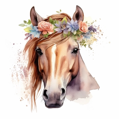 isolated clipart, cute horse with flowers on its head, highly realistic, flickr, watercolorist, uhd image, multi-layered mixed media