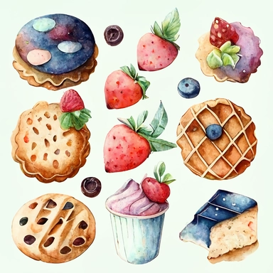 Watercolor, cookies, fruit cookie, watercolor clipart, bakery, tasty, watercolor illustration, transparent background, png, high detail, 8k