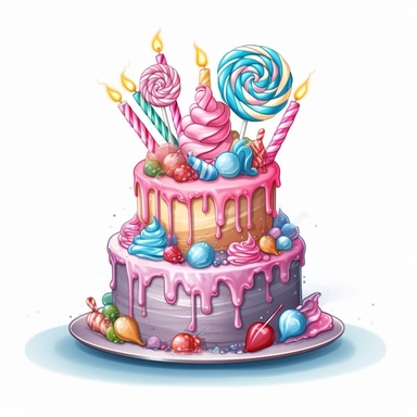 Create a clipart image of a birthday cake with a whimsical theme. Incorporate elements like candy, lollipops, and colorful fondant decorations.