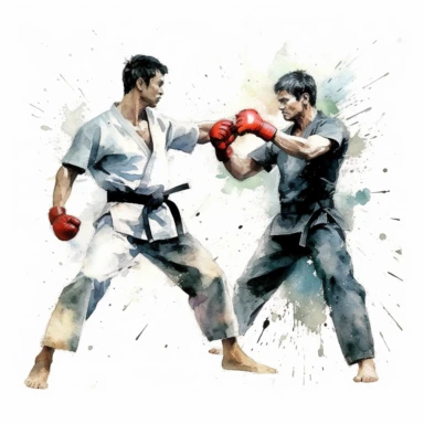 Jeet Kune Do fight, Karate, highly detailed, watercolor, clipart, illustration, white background, digital painting, paper crafting, no signature, no text